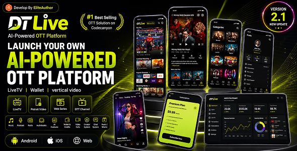 DTLive: Movie, TV Show, OTT, Live TV, Streaming Flutter App (Android, iOS, Web) with Admin Panel